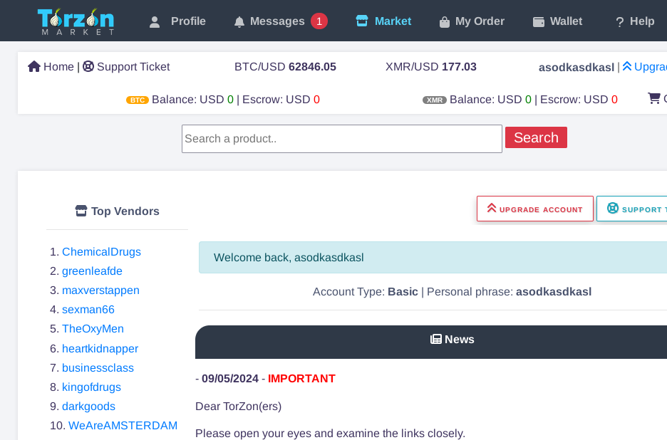 Torzon Market homepage interface